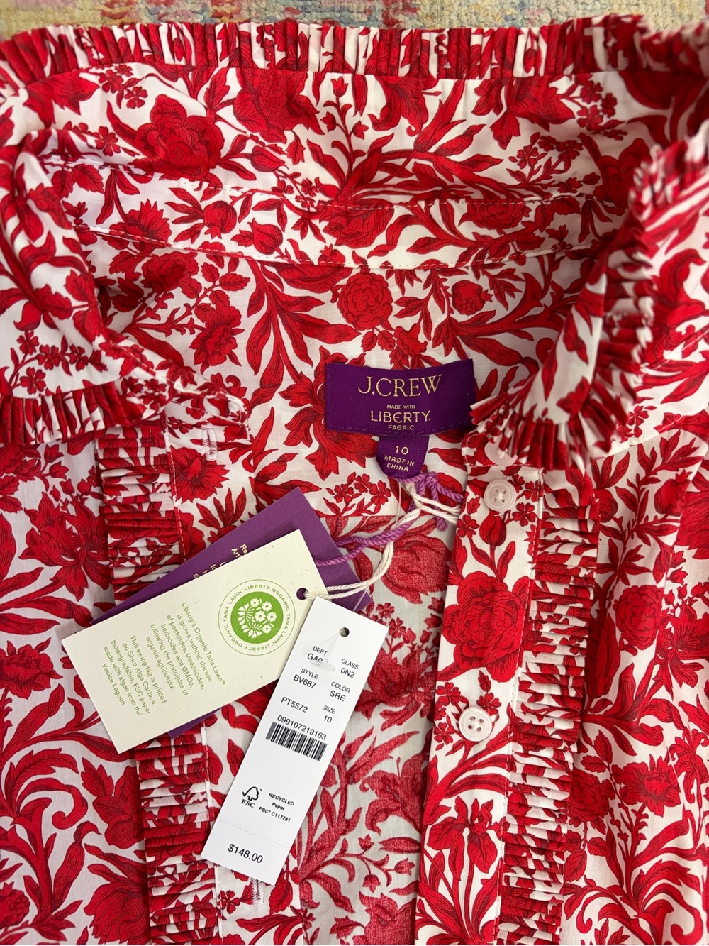 J. Crew Red and White Floral Ruffled Blouse - Picture 3 of 6
